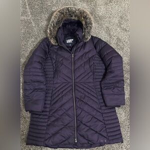 Women’s Lands' End Dark Purple Plum Puffer Jacket Coat w Faux Fur Hood Sz XL 14